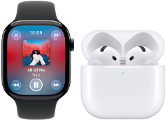 Apple Watch Series 11, pouzdro z břidlicově šedého titanu, řemínek: černý sportovní řemínek, otevřená aplikace Hudba, spárované s AirPody 4